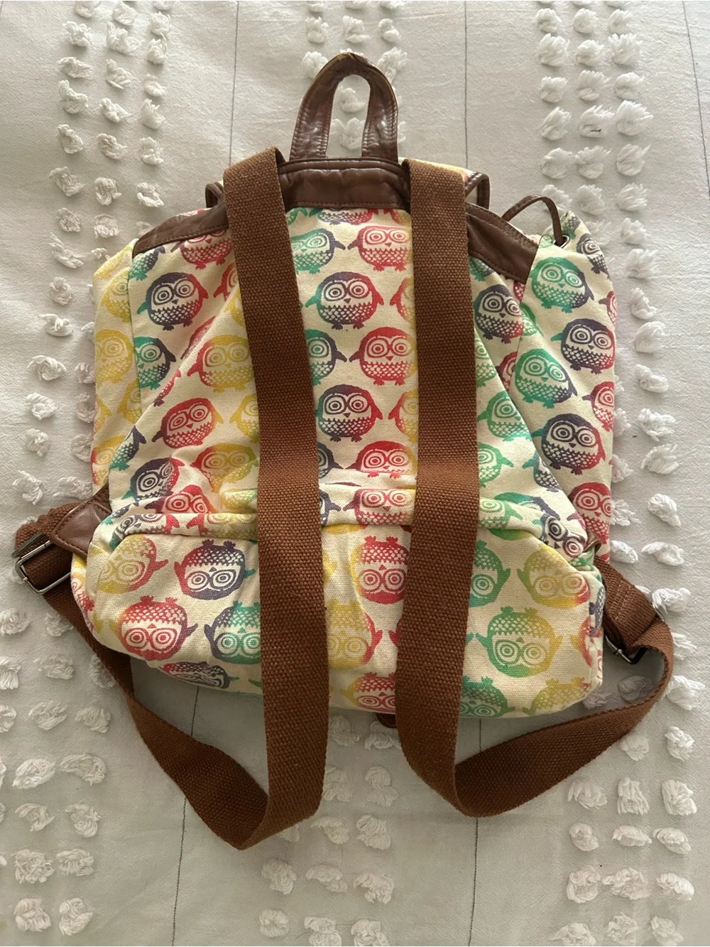 Multicolor Owl Print Canvas Backpack with Brown Trim